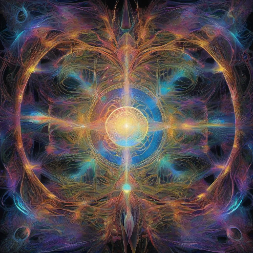A glowing cosmic being radiates light from the center of a complex fractal dreamscape, surrounded by intricate geometric patterns, glowing lines, and iridescent