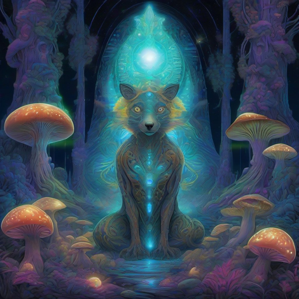 A radiant spirit-animal guardian stands in a glowing forest of bioluminescent fungi, surrounded by intricate patterns of light and color, with glowing third-eye