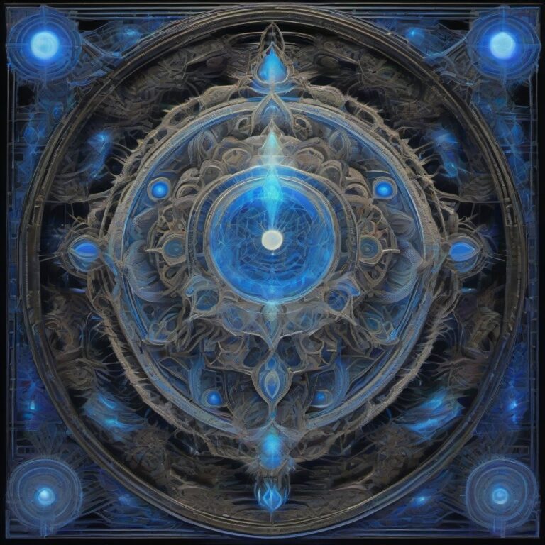 A glowing divine being with a luminous third eye stands at the center of a sacred temple made of glowing fungi, surrounded by symmetrical sacred geometry and an
