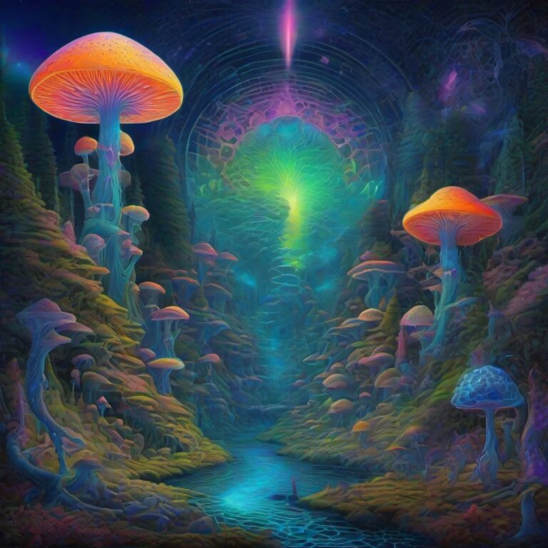A valley filled with glowing crystalline toadstools under an aurora of deep indigo and teal, with intricate lattices of light forming geometric portals and glow