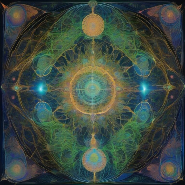 A psychedelic image of a fractal cathedral grown from glowing mycelium, with a central divine being possessing a glowing third eye, surrounded by intricate sacr