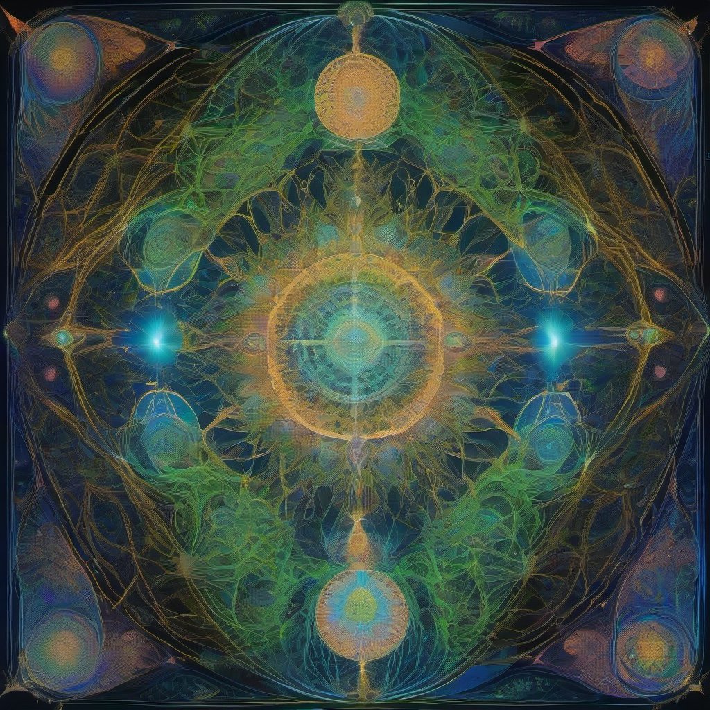 A psychedelic image of a fractal cathedral grown from glowing mycelium, with a central divine being possessing a glowing third eye, surrounded by intricate sacr