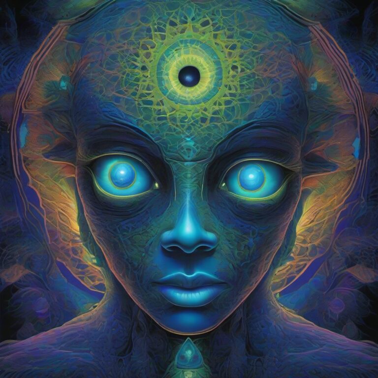 A glowing, multi-eyed fungal oracle floats within a surreal interdimensional space filled with geometric portals and luminous lattices, rendered in deep indigo,