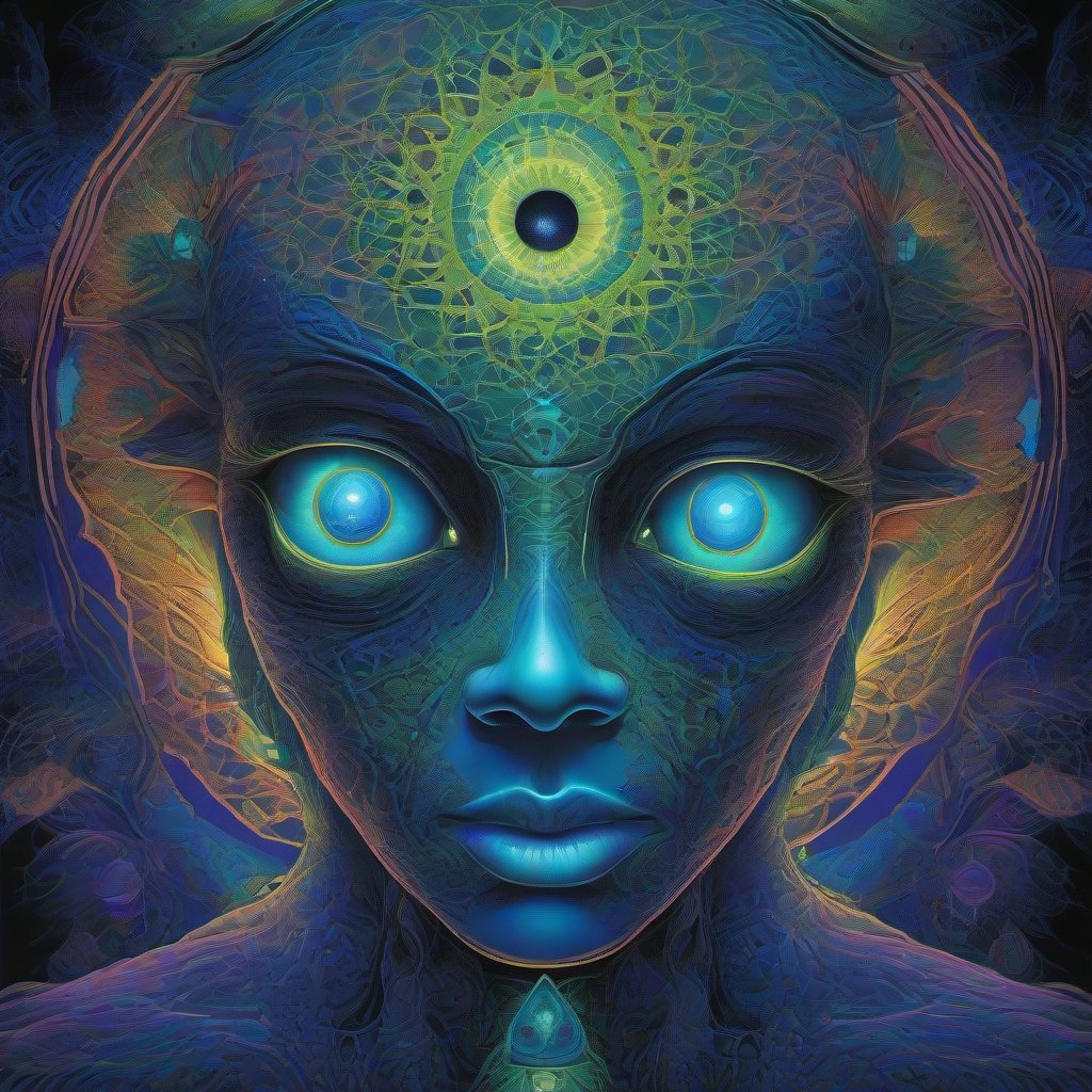 A glowing, multi-eyed fungal oracle floats within a surreal interdimensional space filled with geometric portals and luminous lattices, rendered in deep indigo,