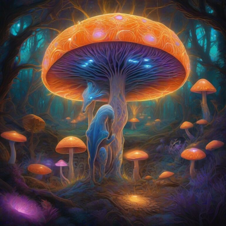 A glowing spirit-animal guardian stands in a bioluminescent mushroom forest, surrounded by electric violet, glowing orange, radiant gold, and luminous turquoise