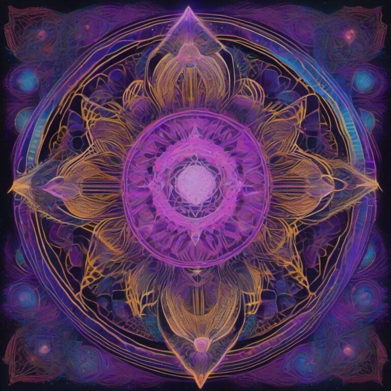 A glowing, luminous fungal oracle with a glowing third eye is centered in a symmetrical mandala, surrounded by intricate sacred geometry, glowing filaments, and
