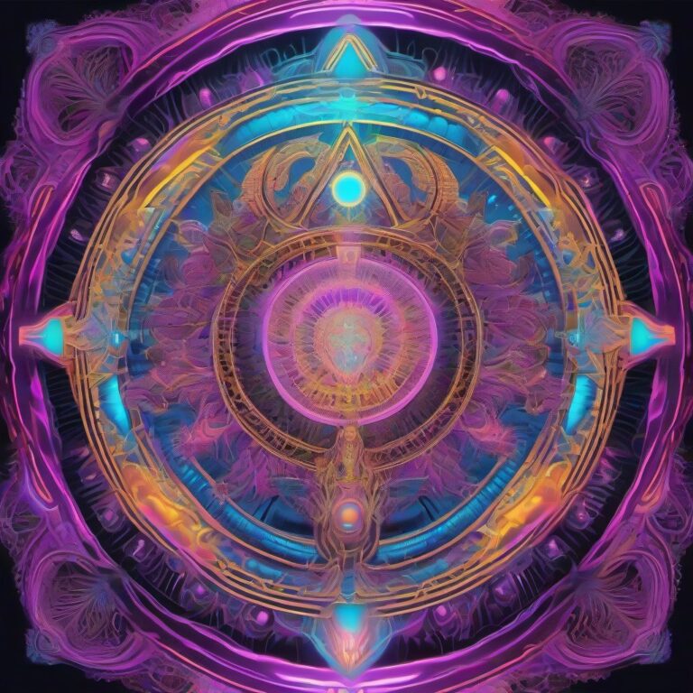 A glowing interdimensional mushroom deity with a luminous third eye, surrounded by symmetrical sacred geometry and an ornate mandala, rendered in vibrant ultrav