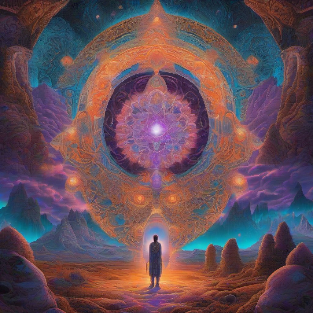 A glowing divine being with a third eye stands in a valley of crystalline toadstools, surrounded by sacred geometry, glowing mandalas, and vibrant colors of ele