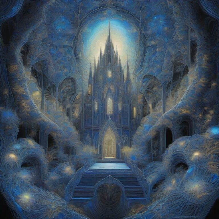 A surreal, glowing cathedral formed from bioluminescent mycelium, surrounded by intricate fractal patterns in a monochrome cobalt and silver palette with neon h