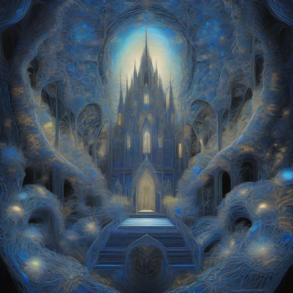 A surreal, glowing cathedral formed from bioluminescent mycelium, surrounded by intricate fractal patterns in a monochrome cobalt and silver palette with neon h