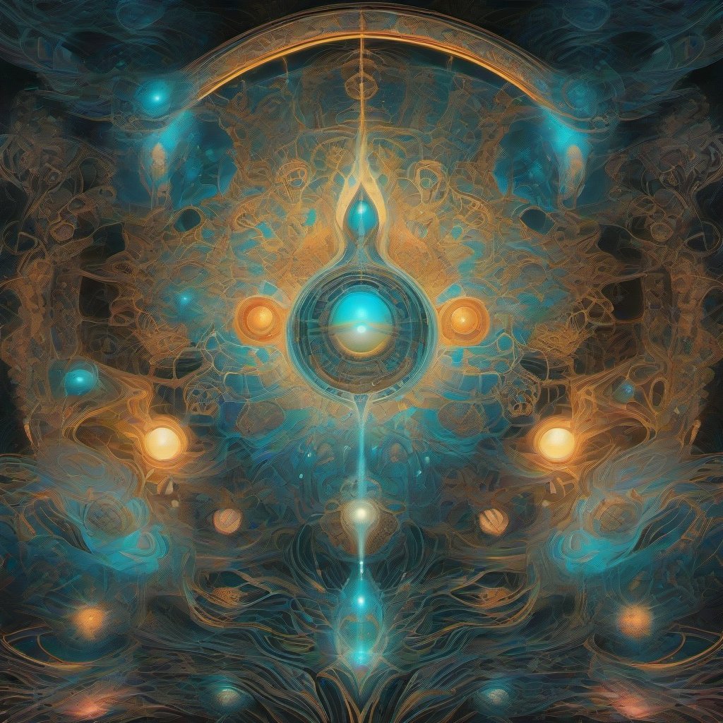 A glowing cosmic being of pure light floats within a surreal, infinitely detailed fractal dreamscape, surrounded by glowing geometric patterns, iridescent color