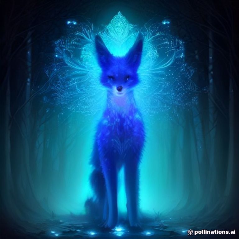 A highly detailed digital painting depicting a vertically symmetrical neon spirit-fox guardian, adorned with fractal patterns and a glowing third eye, standing