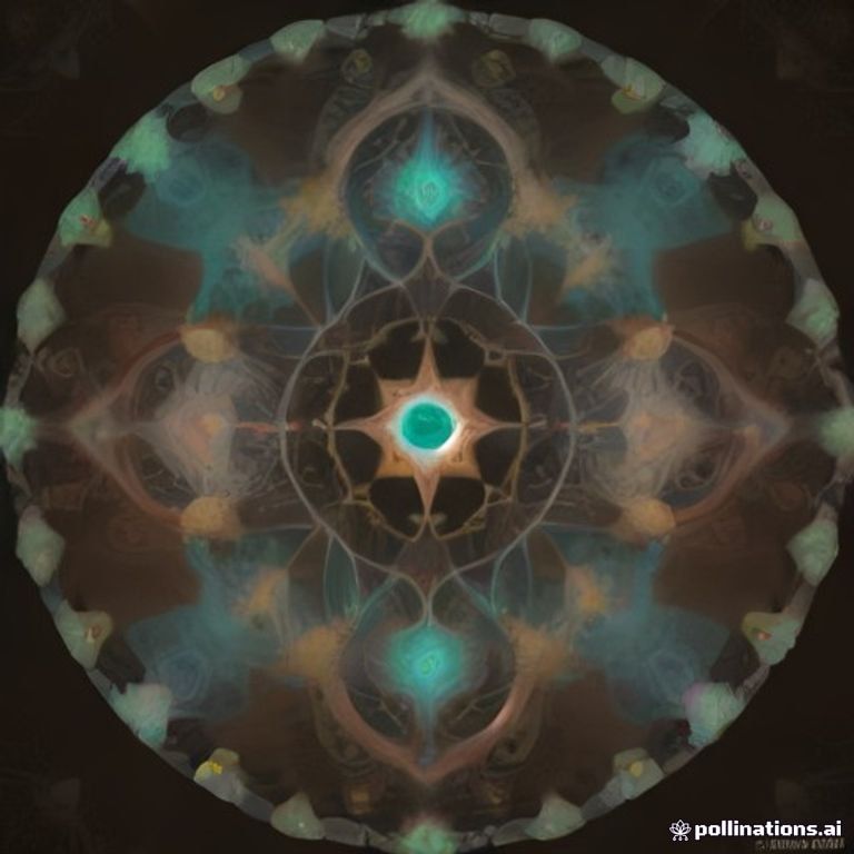 A highly detailed digital painting of a symmetrical mandala radiating from a glowing interdimensional mushroom deity with a luminous third eye, surrounded by in