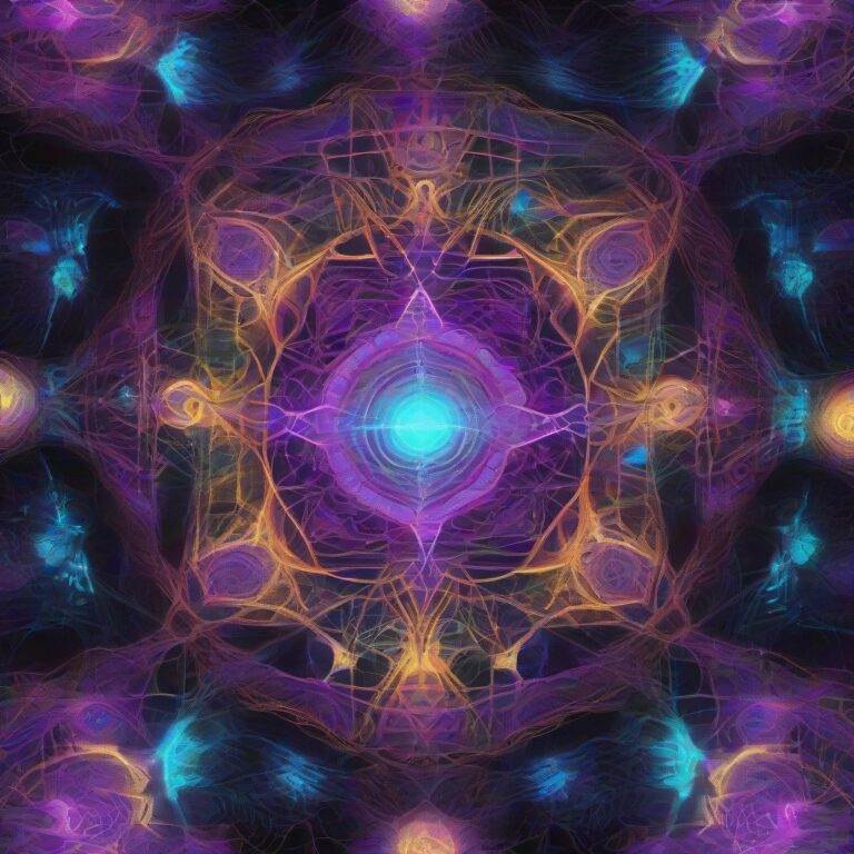 A psychedelic artwork depicting an interdimensional realm of glowing mycelial networks forming intricate lattices of light, with geometric portals and iridescen