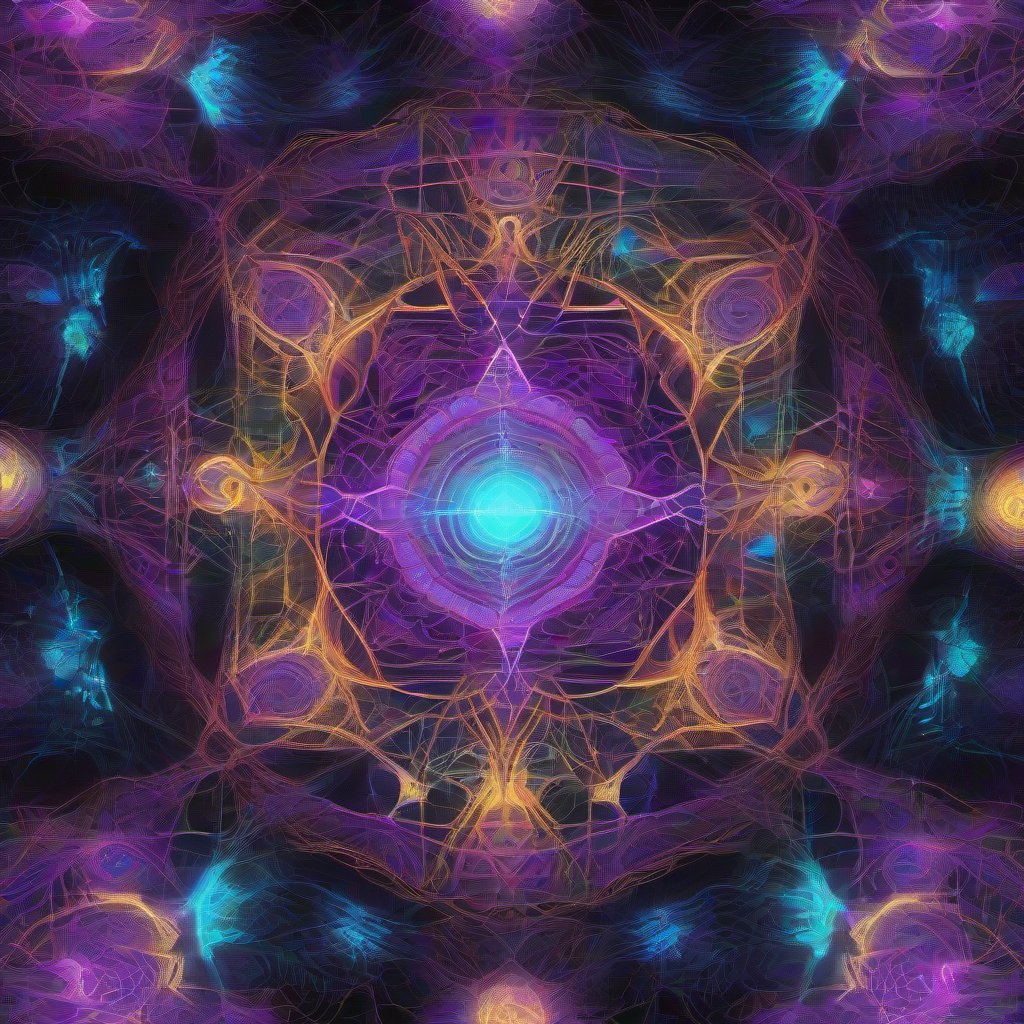 A psychedelic artwork depicting an interdimensional realm of glowing mycelial networks forming intricate lattices of light, with geometric portals and iridescen