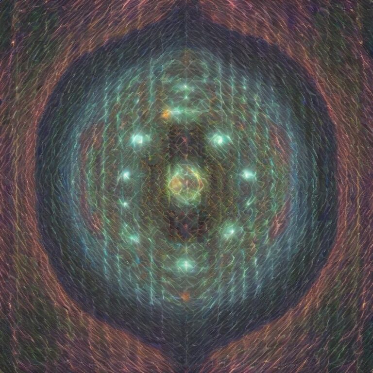 A glowing cosmic being radiates light within a complex fractal landscape, filled with glowing geometric patterns and intricate neon lines, rendered in monochrom