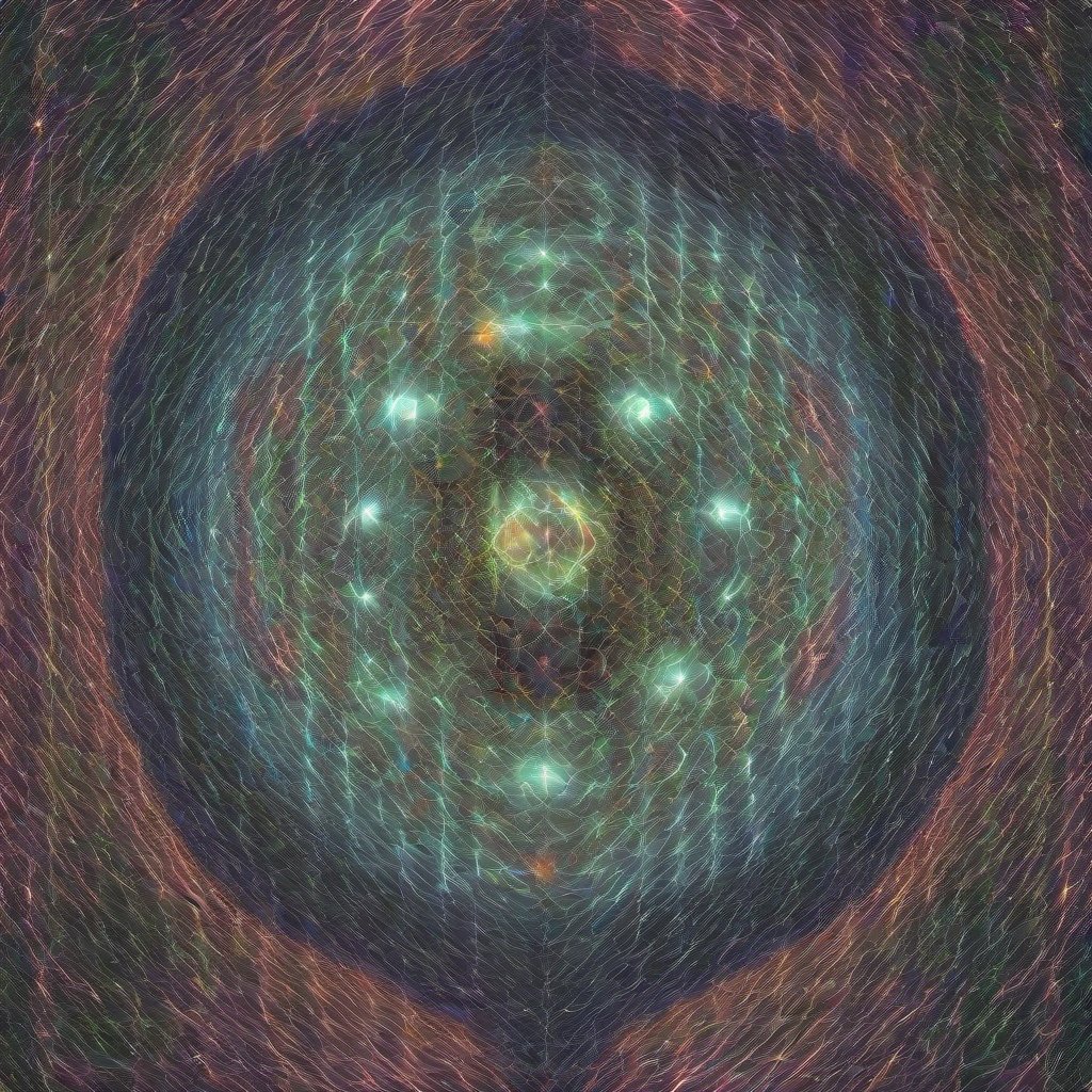 A glowing cosmic being radiates light within a complex fractal landscape, filled with glowing geometric patterns and intricate neon lines, rendered in monochrom