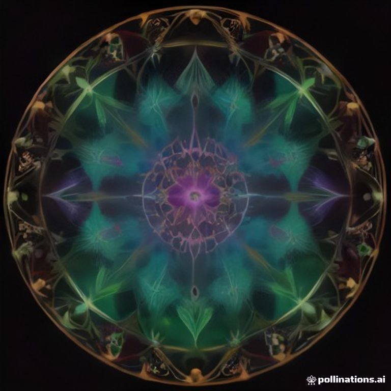 A glowing divine being with a third eye stands in the center of a cathedral-like structure formed from glowing mycelium, surrounded by symmetrical sacred geomet