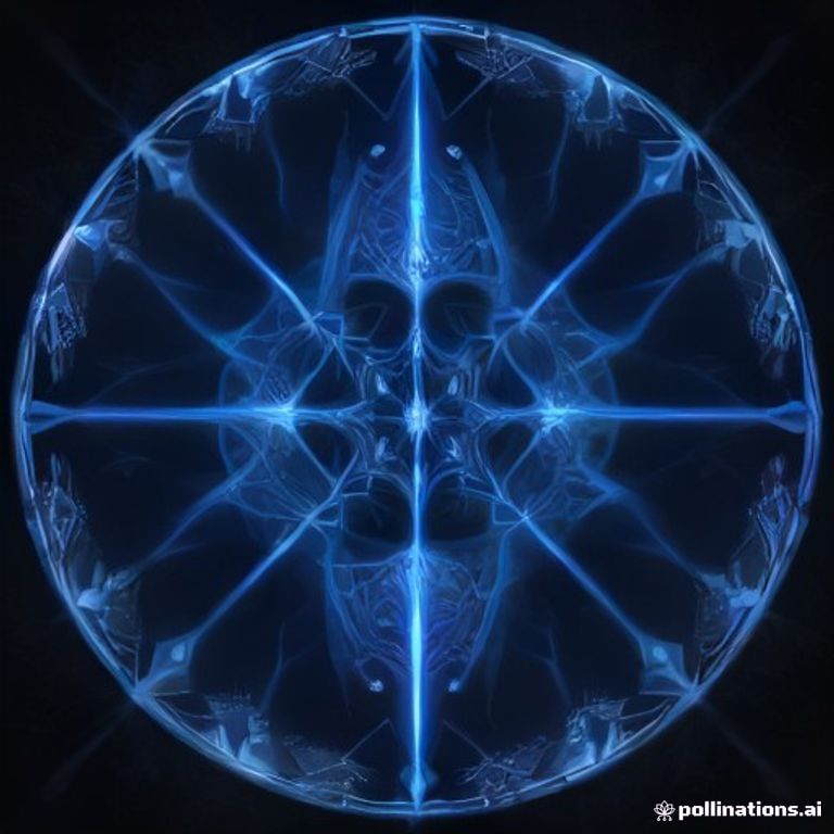 A glowing fractal cathedral made of luminous mycelium, with a central divine figure possessing a glowing third eye, surrounded by symmetrical sacred geometry an