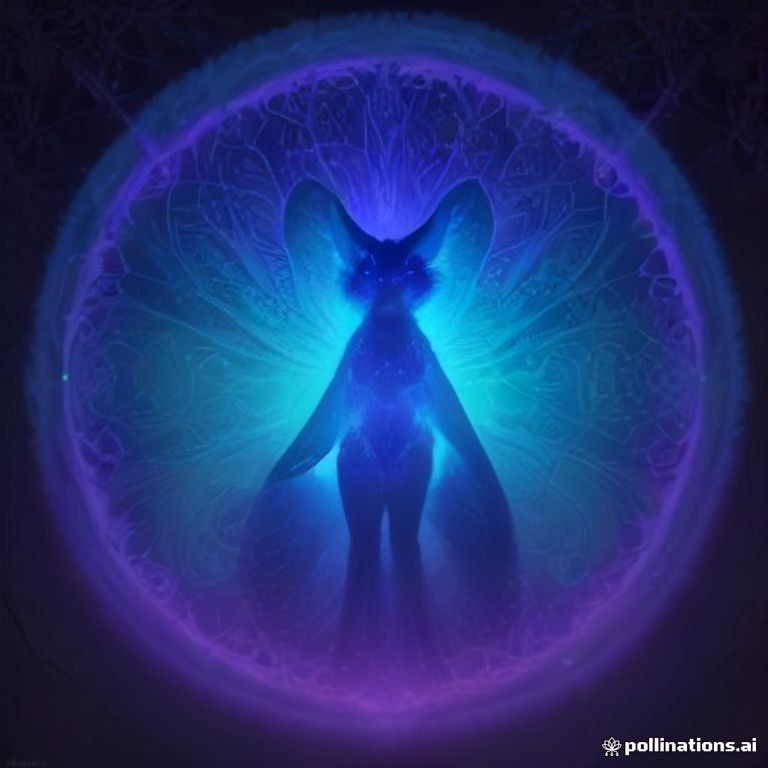 A glowing neon spirit-fox stands in a forest of giant bioluminescent mushrooms, surrounded by intricate fractal patterns and glowing third-eye motifs, rendered