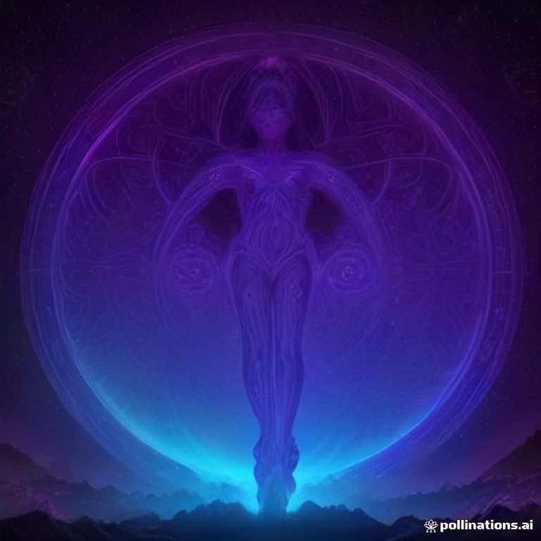 A surreal cosmic landscape with glowing temples and vibrant auroras, centered around a radiant being of pure light, surrounded by intricate geometric patterns a