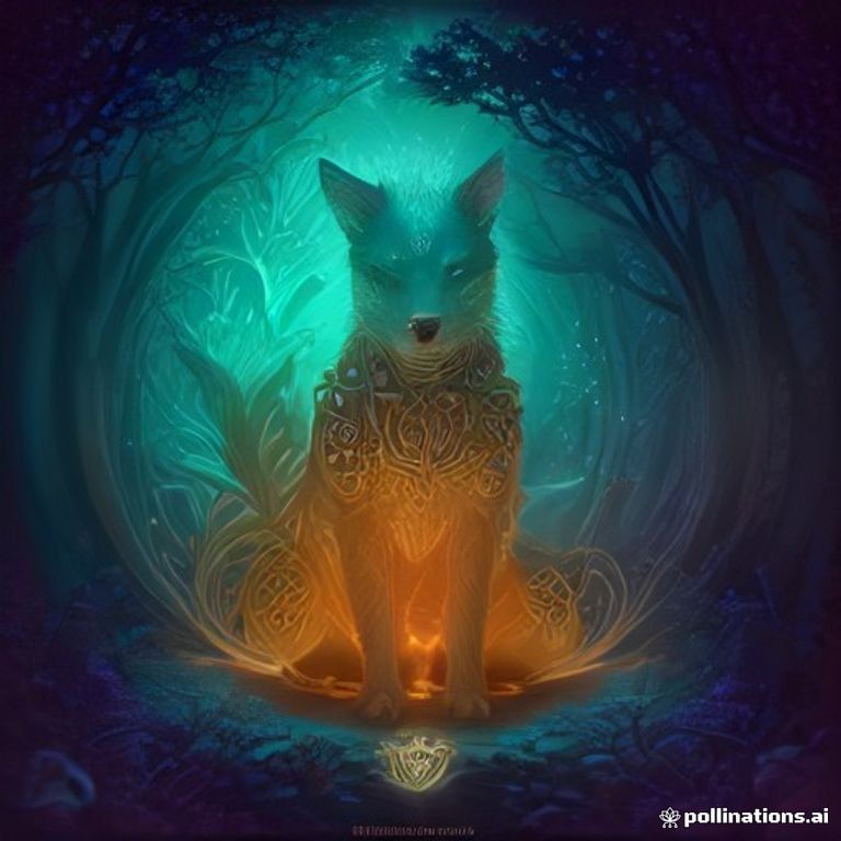 A glowing spirit-animal guardian stands in a bioluminescent mushroom forest, surrounded by intricate geometric patterns and glowing spores, with a palette of wa