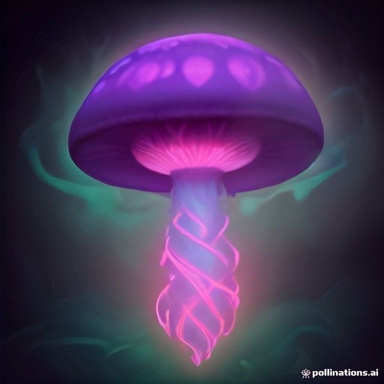 A glowing interdimensional mushroom deity with a radiant third eye, surrounded by an intricate fractal dreamscape filled with glowing colors and infinite recurs