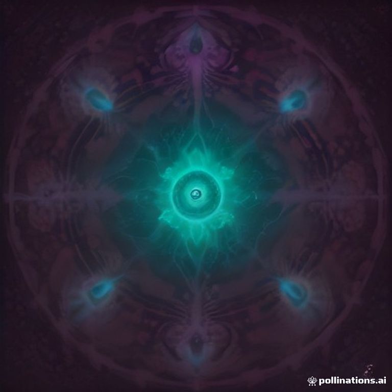A glowing fungal oracle with many eyes floats in a surreal, bioluminescent fractal landscape, surrounded by glowing orange fire, radiant gold, electric violet,