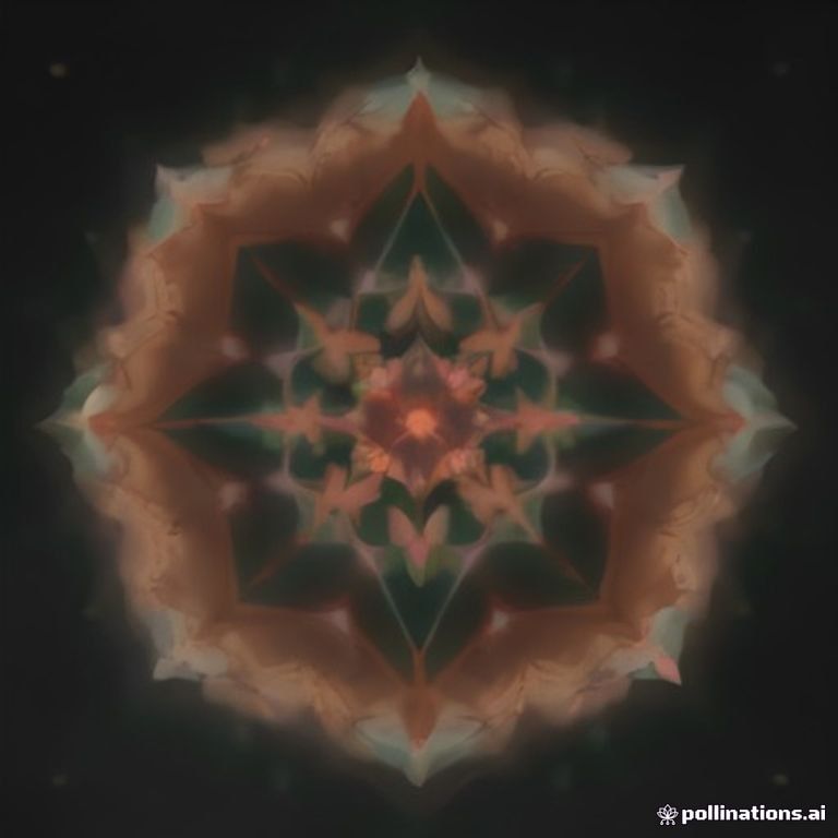 A symmetrical mandala-style valley filled with glowing crystalline toadstools, illuminated by warm amber, rose, gold, and soft teal light. Bioluminescent lines
