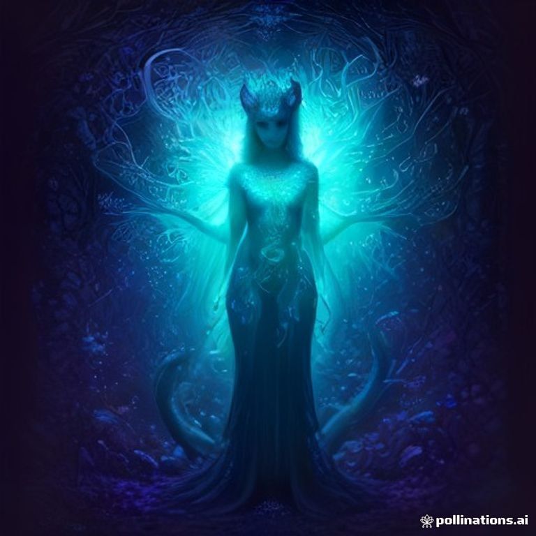 A radiant spirit-animal guardian, part serpent and part feline, crowned in light, stands in a glowing mushroom forest filled with bioluminescent fungi and intri