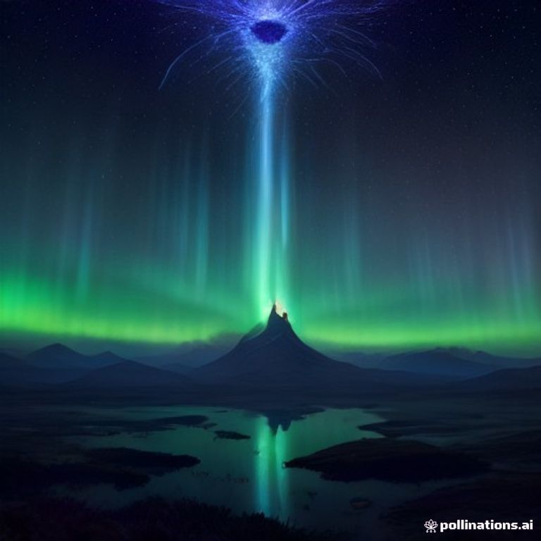 A detailed digital painting of a cosmic landscape with glowing temples and a luminous mycelial network, surrounded by an aurora sky in monochrome cobalt and sil