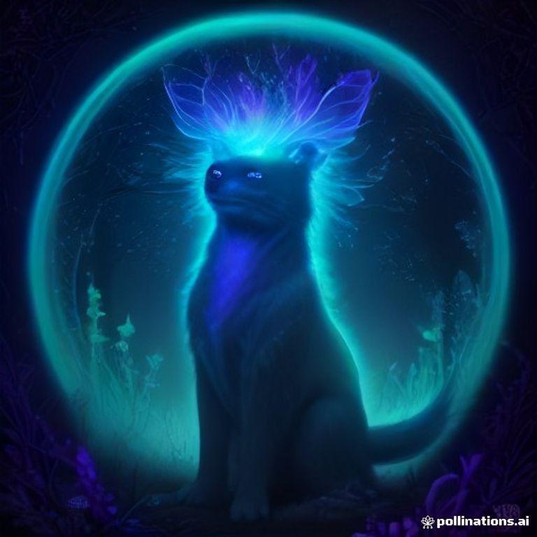 A glowing spirit-animal guardian stands in a forest of glowing mushrooms, surrounded by intricate patterns and iridescent light, with a surreal and detailed psy