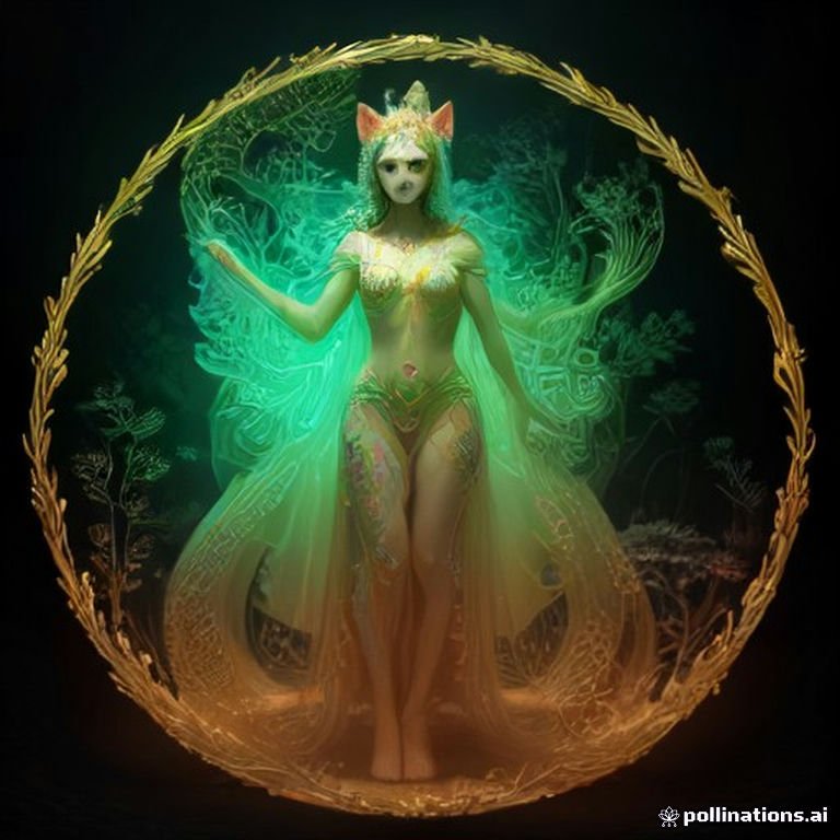 A radiant spirit-animal guardian, part serpent and part feline, crowned in light, stands in a glowing mushroom forest filled with bioluminescent fungi and intri