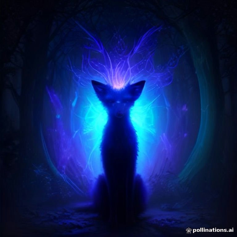 A glowing neon spirit-fox stands among towering bioluminescent mushrooms in a surreal, interdimensional realm filled with geometric portals and luminous lattice
