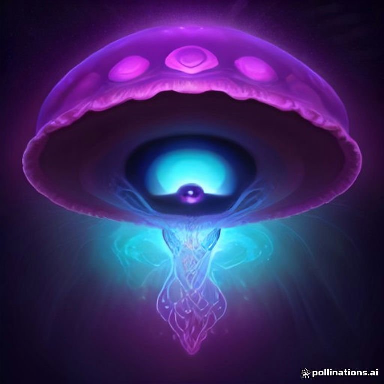 A glowing interdimensional mushroom deity with a radiant third eye floats within a complex, recursive fractal landscape, illuminated in ultraviolet, cyan, magen