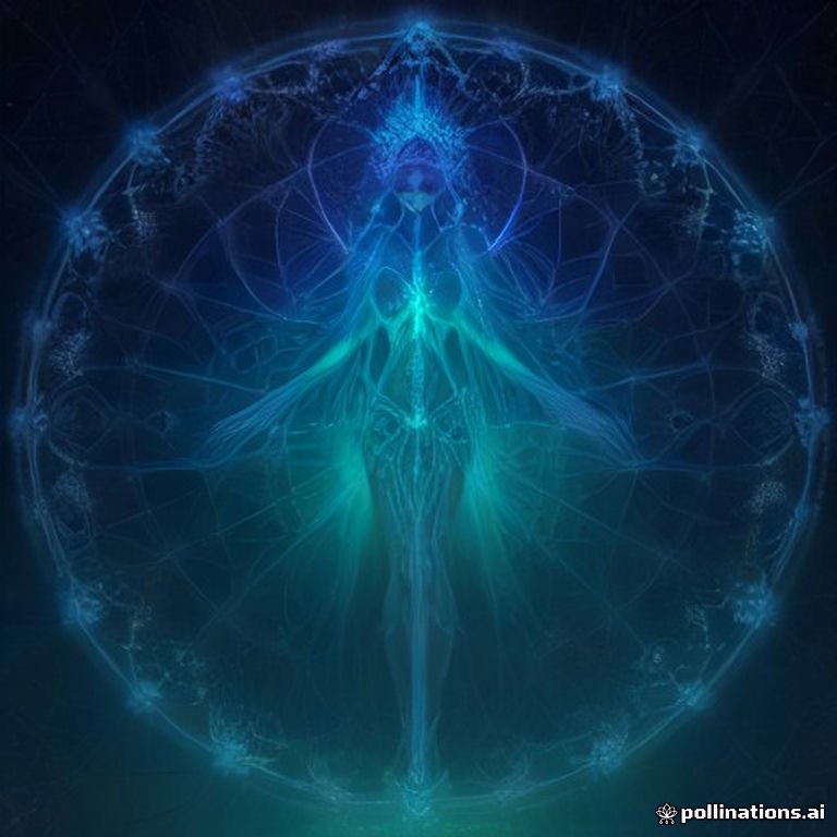 A psychedelic vision of a fractal cathedral grown from glowing mycelium, with a central divine being radiating light, surrounded by symmetrical sacred geometry,