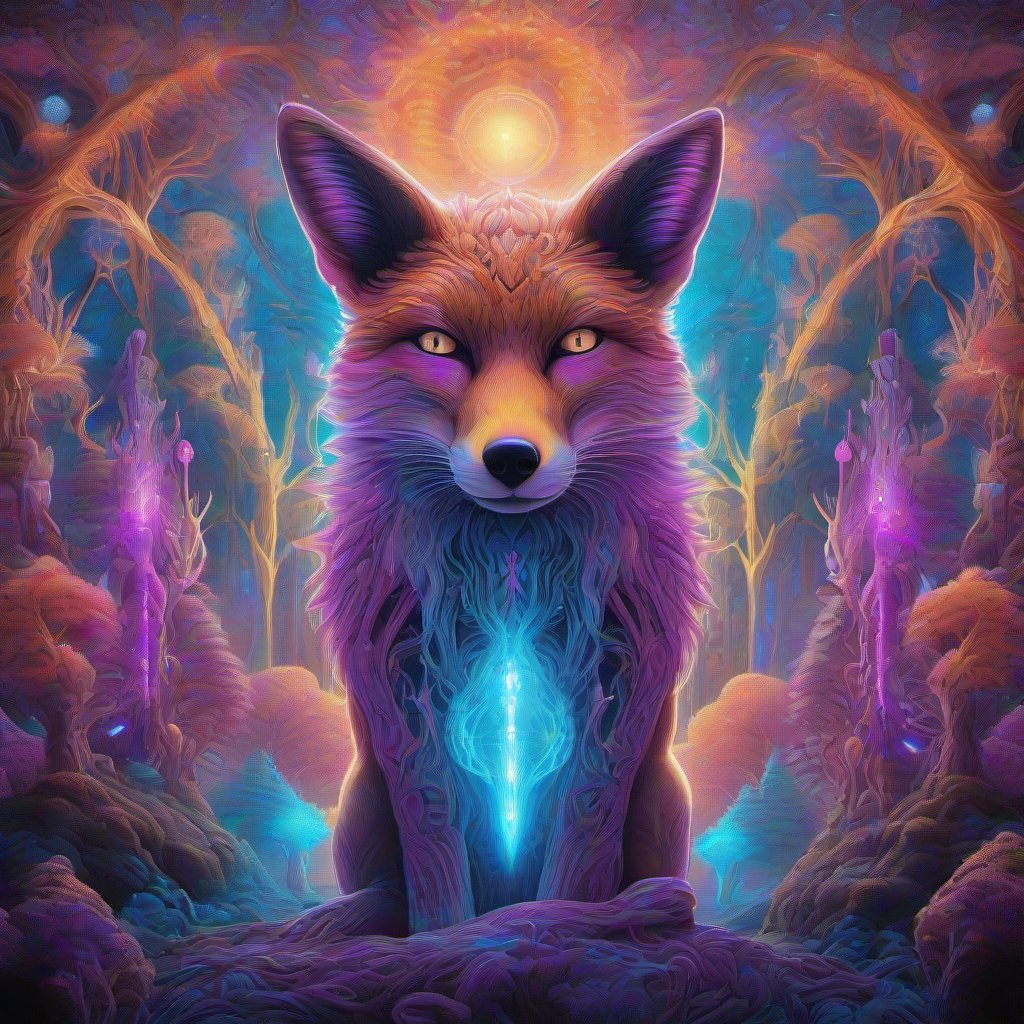 A glowing neon spirit-fox guardian stands among towering bioluminescent mushrooms in a surreal, infinitely recursive dreamscape filled with ultraviolet purple,