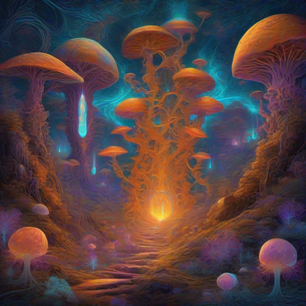 A glowing fungal oracle with many eyes, surrounded by intricate fractal patterns, glowing in electric violet, radiant gold, and luminous turquoise, set in a sur