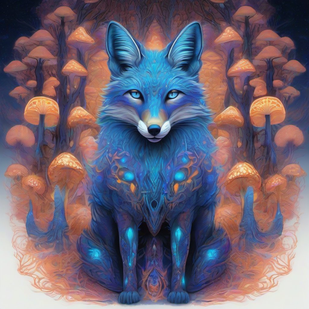 A glowing spirit-fox stands in a forest of giant bioluminescent mushrooms, surrounded by intricate neon patterns and glowing textures in a surreal, dreamlike la