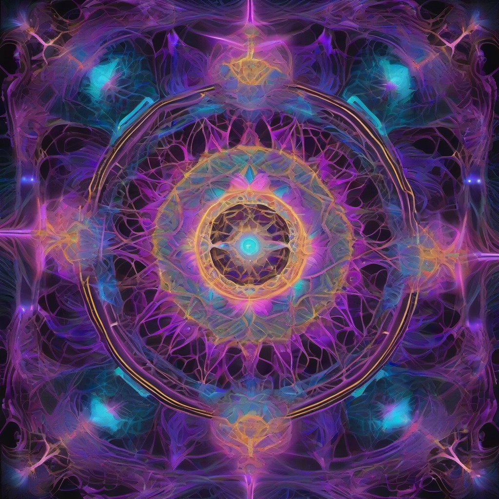 A highly detailed, symmetrical mandala composed of intricate sacred geometry and fractal patterns, glowing in ultraviolet purple, electric cyan, hot magenta, an